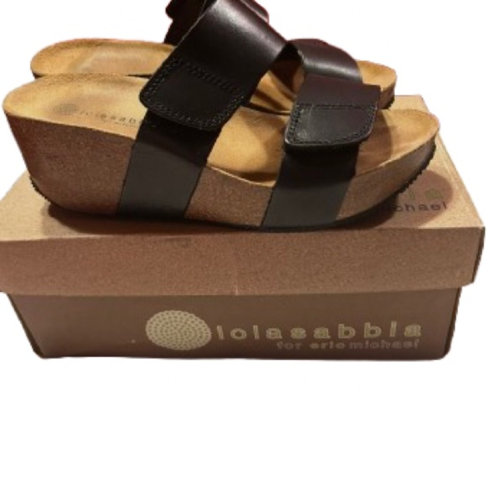 Black Leather Wedge Sandals by Lelli Sabbia for Eric Michael - size 37 (6-6.5)